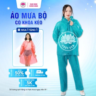 Áo mưa bộ Chúc Sen PVC dẻo cao cấp, không thấm nước, khóa kéo, phù hợp 40-70kg