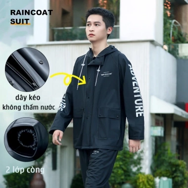 Áo mưa bộ người lớn toàn thân nam nữ, dài áo khoác, quần dài, mũ, che mưa, kéo nút - 195k