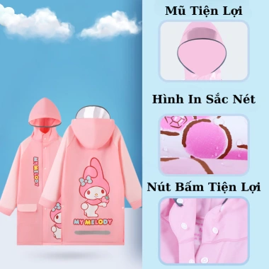 Áo Mưa Cao Cấp 3D Kuromi Melody Kitty Cún Trắng Kiểu Rộng Đeo Balo EVA Cho Bé 4
