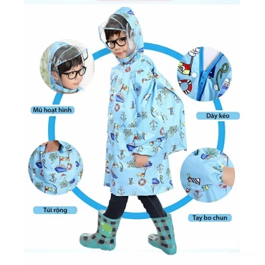 Áo Mưa Dây Kéo Bé Trai Gái Ngăn Đeo Balo - Raincoat Thời Trang Giá Ưu Đãi 126k