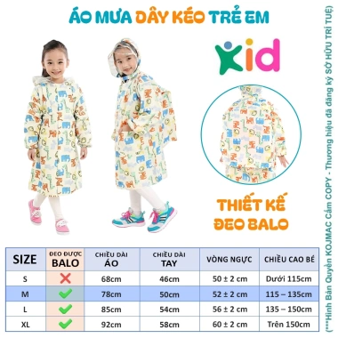 Áo Mưa Dây Kéo Bé Trai Gái Ngăn Đeo Balo - Raincoat Thời Trang Giá Ưu Đãi 126k