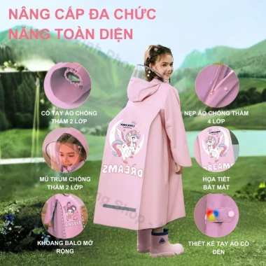 Áo Mưa Trẻ Em Đi Học Chống Thấm, Ngăn Balo, Mũ Trùm, Tay Phản Quang An Toàn – 188.000₫