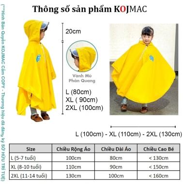 Áo Mưa Trẻ Em KOJMAC Raicoat Kids - Đựng vừa balo, size 5-12 tuổi, giá ưu đãi 136k