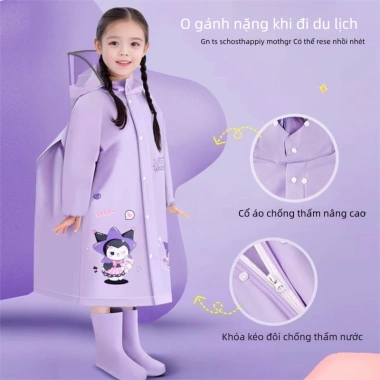 Áo mưa trẻ em Kuromi toàn thân chống thấm, khóa kéo bền, che balo tiện lợi, giá 312.485₫