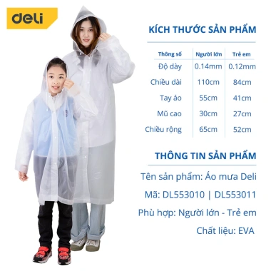 Áo Mưa Trong Suốt Deli DL553.010/011 - Chống Thấm Cao Cấp, Dáng Dài Thời Trang cho Người Lớn & Trẻ Em, 95.000 VND