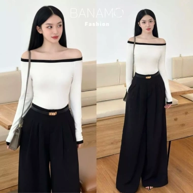 Áo nữ BIGSIZE Banamo Fashion trễ vai dài tay phối viền quyến rũ Giá 139.000₫