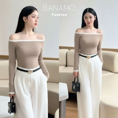 Áo nữ BIGSIZE Banamo Fashion trễ vai dài tay phối viền quyến rũ Giá 139.000₫