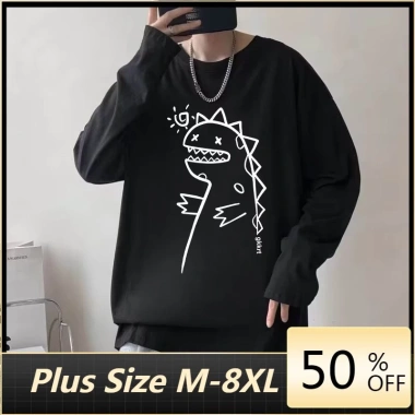 Áo phông nam M-8XL tay dài in khủng long hoạt hình Nhật Bản cỡ lớn cho cặp đôi