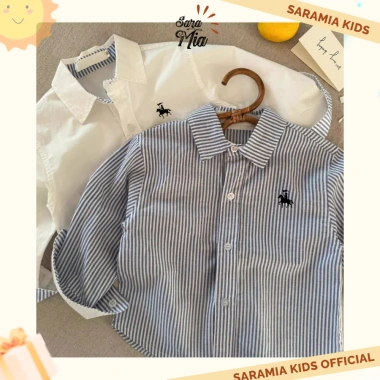Áo sơ mi kẻ sọc SARAMIA KIDS Hàn Quốc dài tay cho bé, thêu hình bé trai/gái, giá ưu đãi 130k