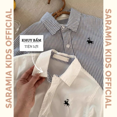 Áo sơ mi kẻ sọc SARAMIA KIDS Hàn Quốc dài tay cho bé, thêu hình bé trai/gái, giá ưu đãi 130k 2