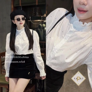 Áo sơ mi nữ trắng đính đá cổ trụ bèo sang chảnh A012 MOLLY HÔUSE STORE