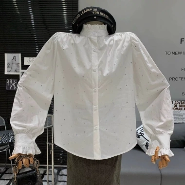 Áo sơ mi nữ trắng đính đá cổ trụ bèo sang chảnh A012 MOLLY HÔUSE STORE