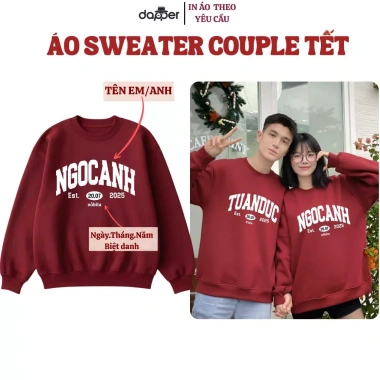 Áo Sweater Đỏ Cặp Đôi Nỉ Bông Cao Cấp Dày Dặn In Tên Năm Sinh và Hộp Quà Tặng