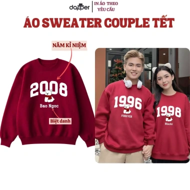 Áo Sweater Đỏ Cặp Đôi Nỉ Bông Cao Cấp Dày Dặn In Tên Năm Sinh và Hộp Quà Tặng