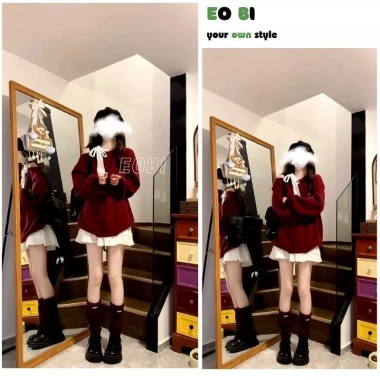 Áo Sweater Đỏ Lệch Vai Thắt Nơ Chân Váy Xoè Tầng Noel Tết HOAIANHSILE 25k