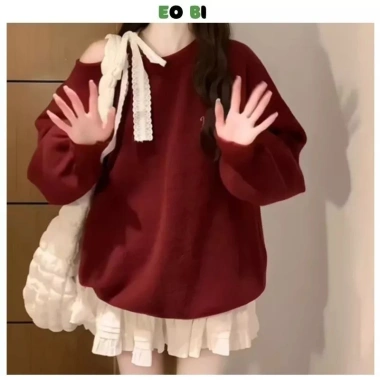 Áo Sweater Đỏ Lệch Vai Thắt Nơ Chân Váy Xoè Tầng Noel Tết HOAIANHSILE 25k