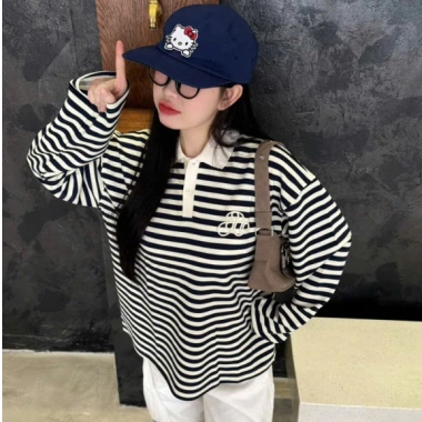 Áo sweater kẻ ngang tay dài cổ polo phong cách Hàn Quốc oversize nỉ mỏng - Giá 145k