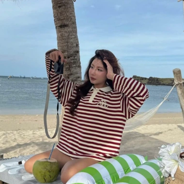 Áo sweater kẻ ngang tay dài cổ polo phong cách Hàn Quốc oversize nỉ mỏng - Giá 145k