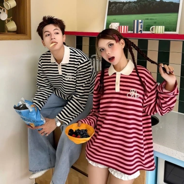 Áo sweater kẻ ngang tay dài cổ polo phong cách Hàn Quốc oversize nỉ mỏng - Giá 145k 5 Áo sweater kẻ ngang tay dài cổ polo phong cách Hàn Quốc oversize nỉ mỏng - Giá 145k 5