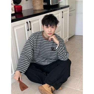 Áo sweater kẻ ngang tay dài cổ polo phong cách Hàn Quốc oversize nỉ mỏng - Giá 145k