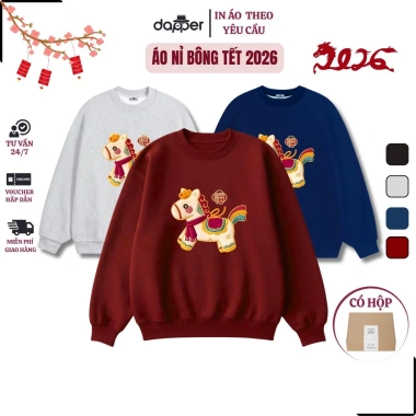 Áo Sweater Tết 2.026 Nỉ Bông Dày Ấm Áp In Hình Ngựa Đáng Yêu và Hộp Quà Tặng - Giá 225k