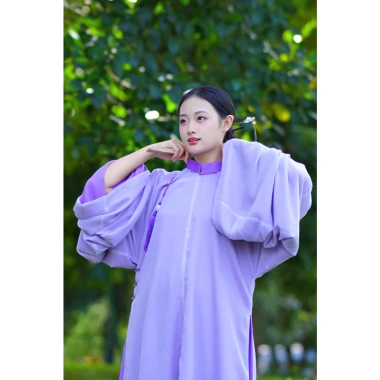 Áo tấc cổ phục ngũ thân tơ sống trắng lót lụa tím, né cổ, khuy cài, freesize - áo dài 3H 570k