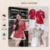 Áo thêu sen cá cổ nút tàu và váy tơ xếp ly xoè - Đầm Tết 44k ANNA T. BOUTIQUE