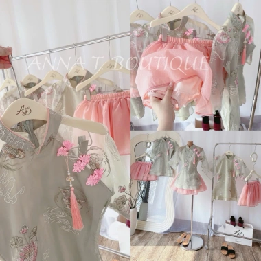 Áo thêu sen cá cổ nút tàu và váy tơ xếp ly xoè - Đầm Tết 44k ANNA T. BOUTIQUE 3