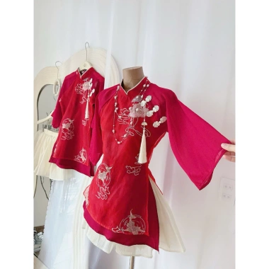 Áo thêu sen cá cổ nút tàu và váy tơ xếp ly xoè - Đầm Tết 44k ANNA T. BOUTIQUE 6