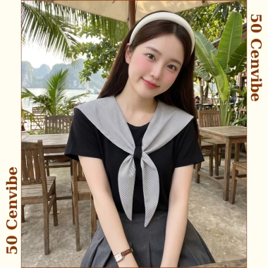 Áo thun nữ cổ nơ kẻ thuỷ thủ bigsize 45‑75kg Ullzzang 50Cents giảm giá 145k