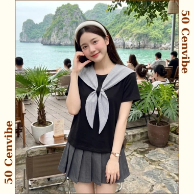 Áo thun nữ cổ nơ kẻ thuỷ thủ bigsize 45‑75kg Ullzzang 50Cents giảm giá 145k