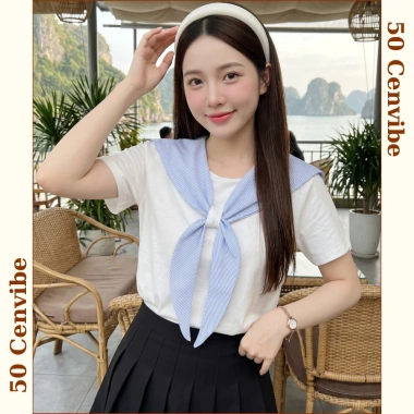 Áo thun nữ cổ nơ kẻ thuỷ thủ bigsize 45‑75kg Ullzzang 50Cents giảm giá 145k