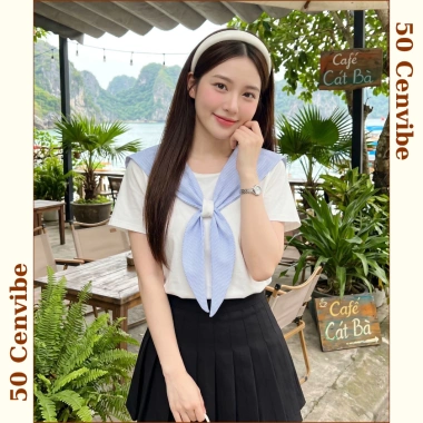Áo thun nữ cổ nơ kẻ thuỷ thủ bigsize 45‑75kg Ullzzang 50Cents giảm giá 145k