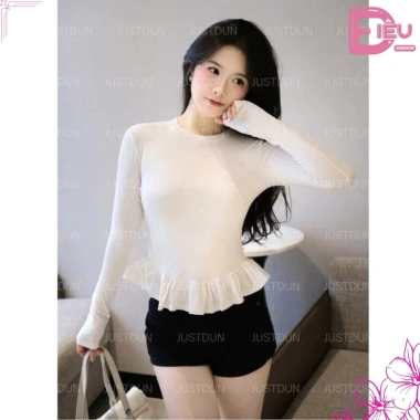 Áo Thun Nữ Tay Dài Cổ Tròn Ôm Body Phối Bèo Eo Nữ Tính - Peplum Borip Dày Dặn 69k