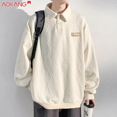 Áo thun Polo dài tay nam AOKONG dáng rộng, jacquard đa năng, xuân thu, áo cặp đôi - giảm giá 280.800đ