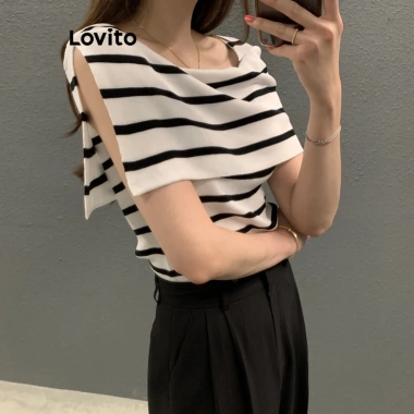 Áo thun sọc vai lạnh Lovito cho nữ đa màu - Giá ưu đãi 141.264₫