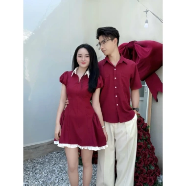 Áo váy đôi dự tiệc đỏ Noel/Tết, tay bồng viền bèo trắng, size bigsize nữ 90kg nam 110kg - FOREVER COUPLE 200k