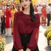 Áo voan tơ Đỏ đô nữ sang trọng, áo sơ mi hoa vai quyến rũ tiệc Tết - giảm còn 249k