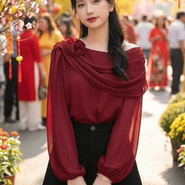 Áo voan tơ Đỏ đô nữ sang trọng, áo sơ mi hoa vai quyến rũ tiệc Tết - giảm còn 249k