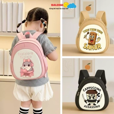 Balo 2 ngăn cho bé trai và bé gái đi học mẫu giáo, in hình Tung Sahur Kitty hồng, siêu ngộ nghĩnh, giảm giá 139k