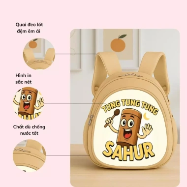 Balo 2 ngăn cho bé trai và bé gái đi học mẫu giáo, in hình Tung Sahur Kitty hồng, siêu ngộ nghĩnh, giảm giá 139k