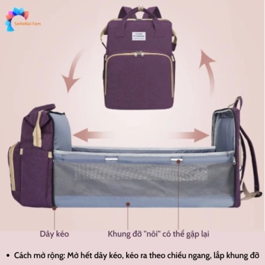 Balo Bỉm Sữa Đa Năng Sohanei Fam - Nôi Gấp Gọn, Nhiều Ngăn, Chống Bụi, Chống Thấm Nước, Mommy Bag