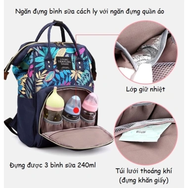 Balo Bỉm Sữa Hoa Lá cho Mẹ & Bé – Nhiều ngăn, giữ nhiệt bình sữa – Sohanei 4