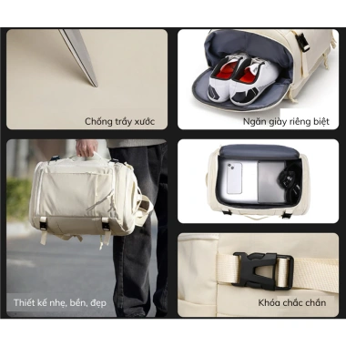 Balo Chibava cao cấp trắng be 28-38L - Chống nước, chống xước, 10-12 ngăn tiện dụng