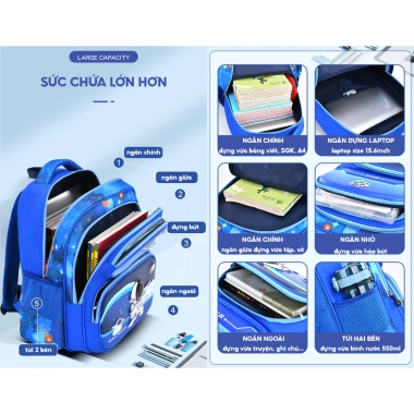 Balo chống gù cho bé tiểu học Form hộp đứng, vải oxford cao cấp, nhiều ngăn, giảm giá 345.000đ