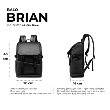 Balo Da Brian Unisex Nam Nữ Cặp Đa Ngăn Đựng Laptop Du Lịch Nhiều Ngăn - Giá 300k
