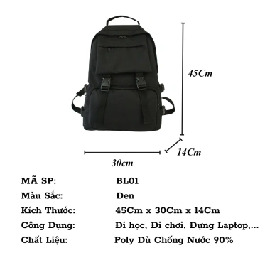 Balo đi học nam nữ chống nước Ulzzang Hàn Quốc đen thời trang BL01 149.000 VND 7