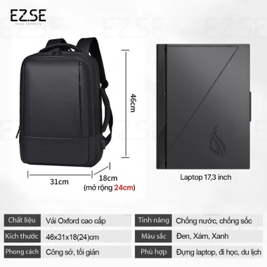Balo laptop cao cấp EAZY BLA01 chống sốc, chống nước, 17/15.6 inch, cổng USB Giá 539.000₫
