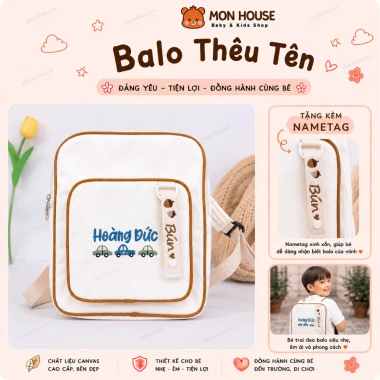 Balo thêu tên riêng cho bé 2 ngăn - Hình gấu, du lịch, quà tặng, giá 180.000 VND