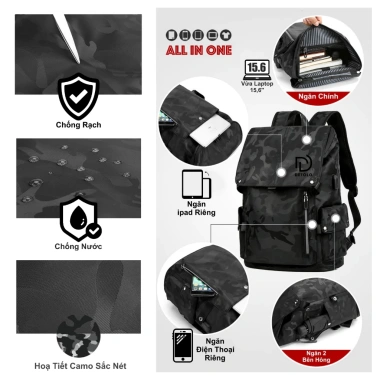 Balo vải dù DETOLO chống nước, ngăn laptop 15,6‑16in, iPad, quần áo 3‑4 bộ 4